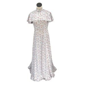 Vintage 1970's Floral Print Draped Cape Maxi Dress High Neckline Handmade